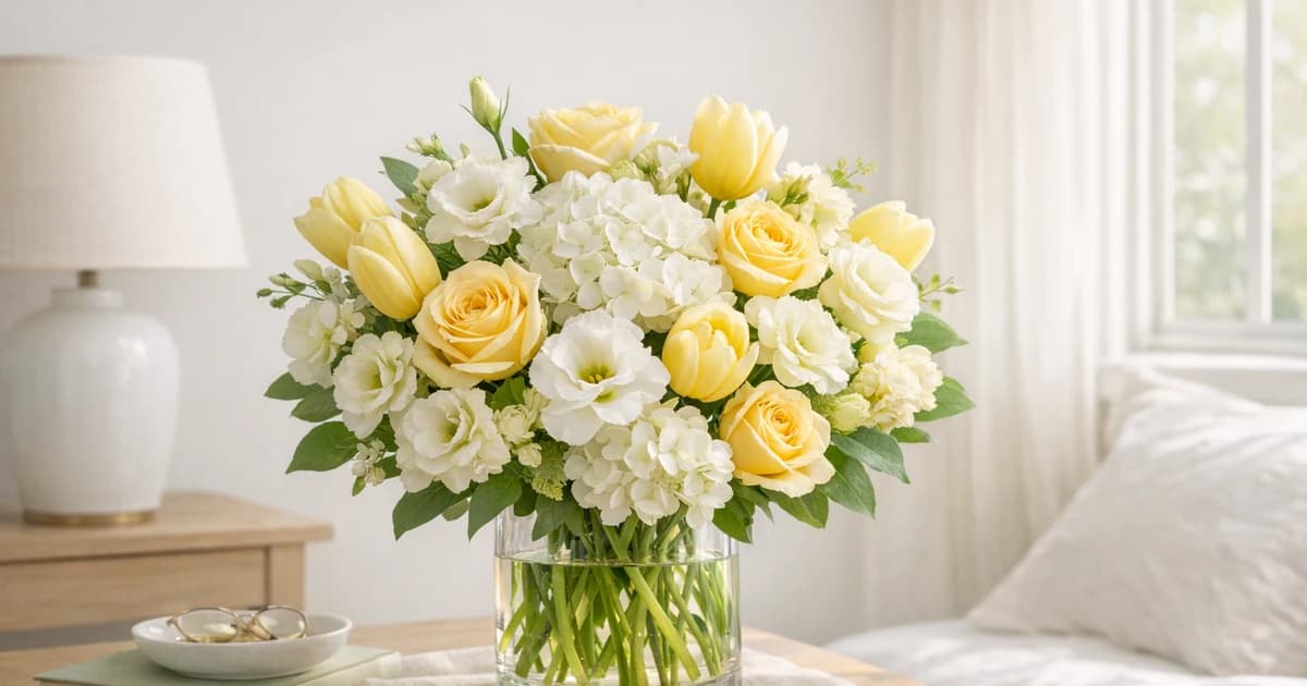 Get Well Flowers social share image with tulips, roses, and lisianthus, butter yellow, fresh white, and mint green tones, and premium Lina Flowers styling