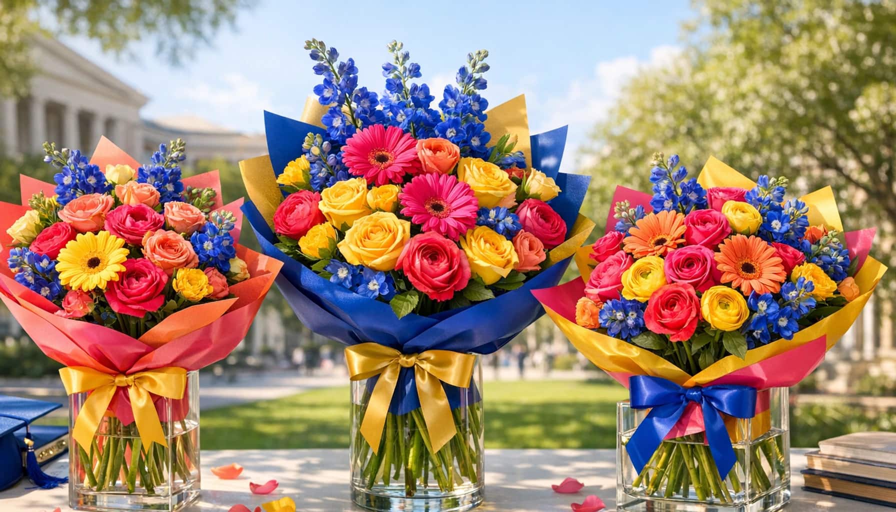 Graduation Season flowers collection banner with roses, gerbera, and ranunculus and bright, triumphant, polished, and high-energy styling from Lina Flowers