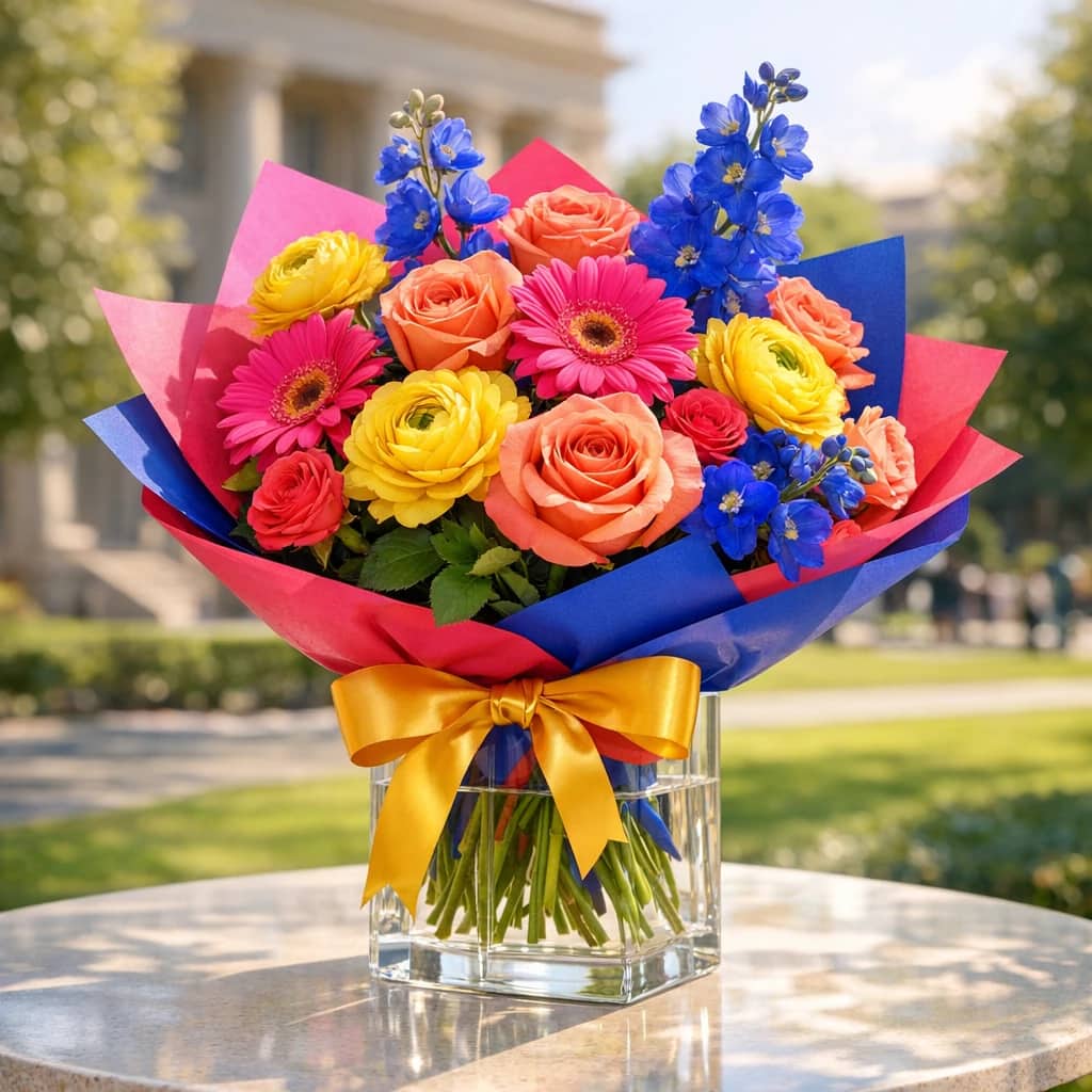 Graduation Season flowers preview with roses, gerbera, and ranunculus in sunlit coral, golden yellow, and electric pink tones from Lina Flowers