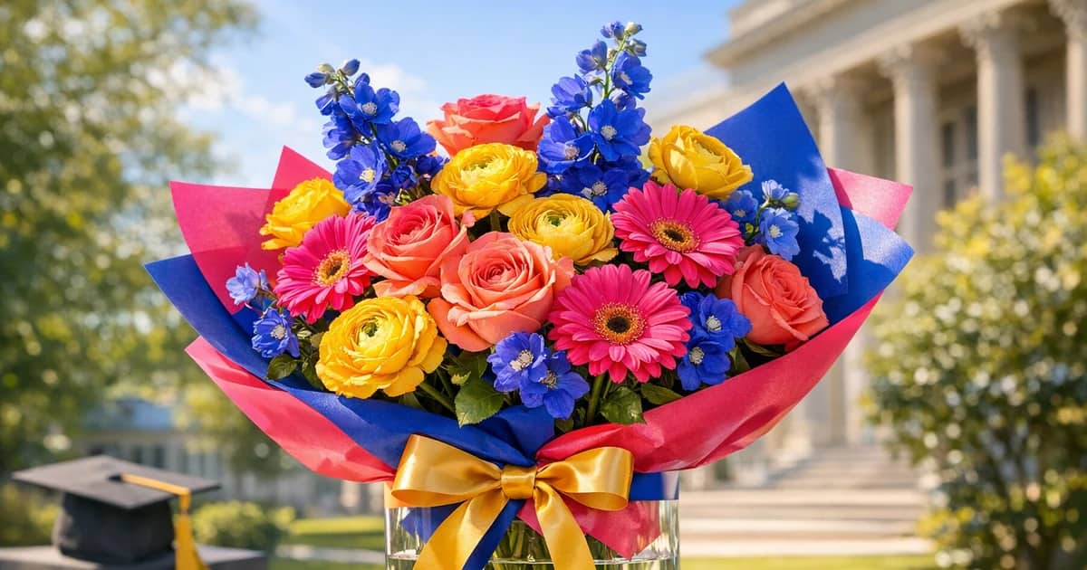 Graduation Season flowers social share image with roses, gerbera, and ranunculus, sunlit coral, golden yellow, and electric pink tones, and premium Lina Flowers styling