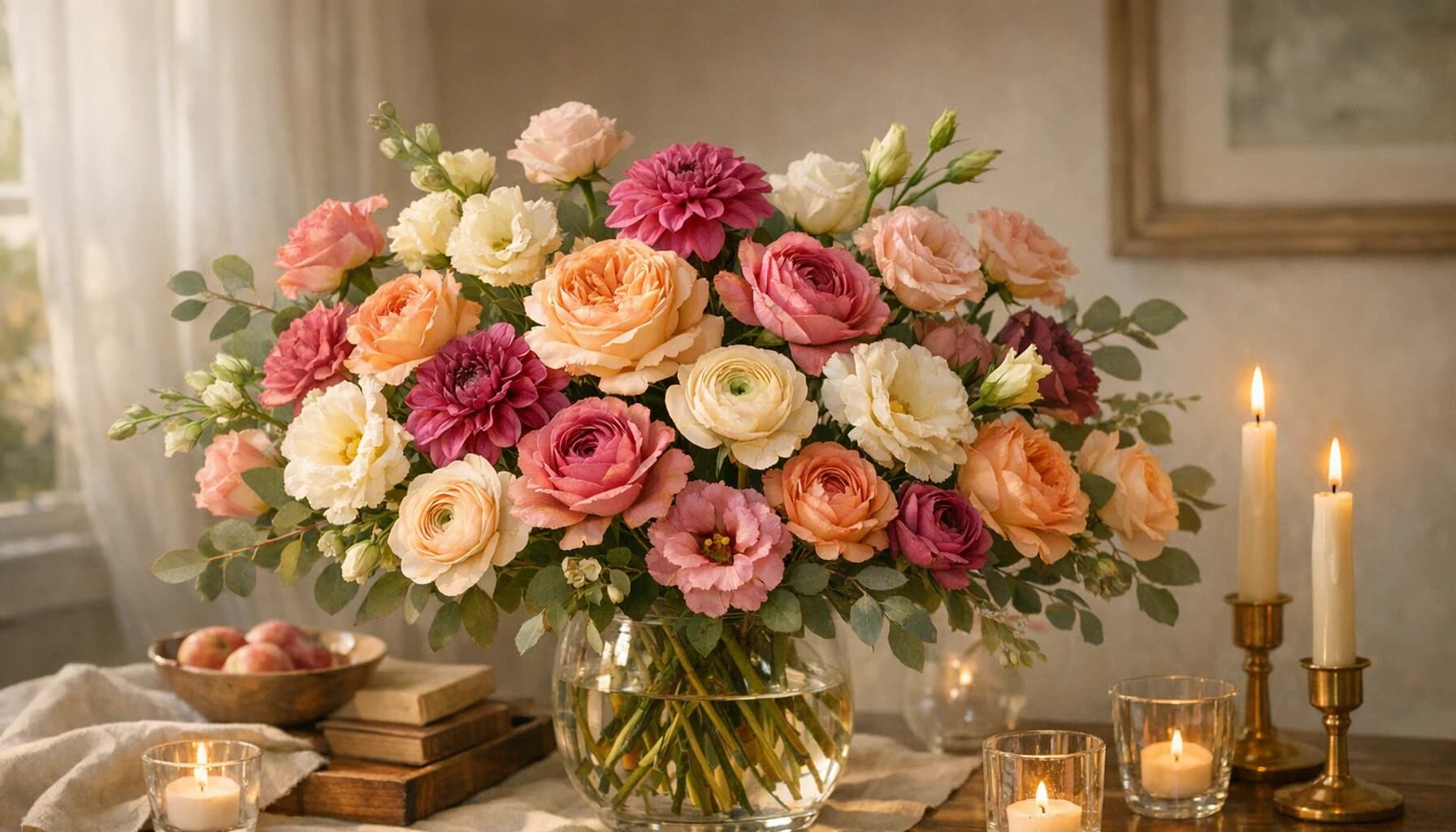 Grandparents Day flowers collection banner with garden roses, dahlias, and lisianthus and loving, graceful, warm, and home-centered styling from Lina Flowers