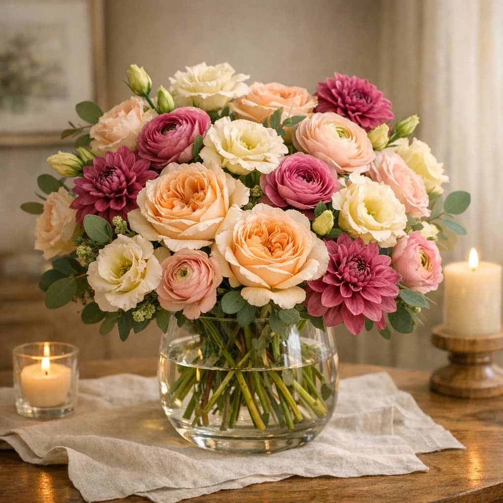 Grandparents Day flowers preview with garden roses, dahlias, and lisianthus in apricot, soft berry, and cream tones from Lina Flowers