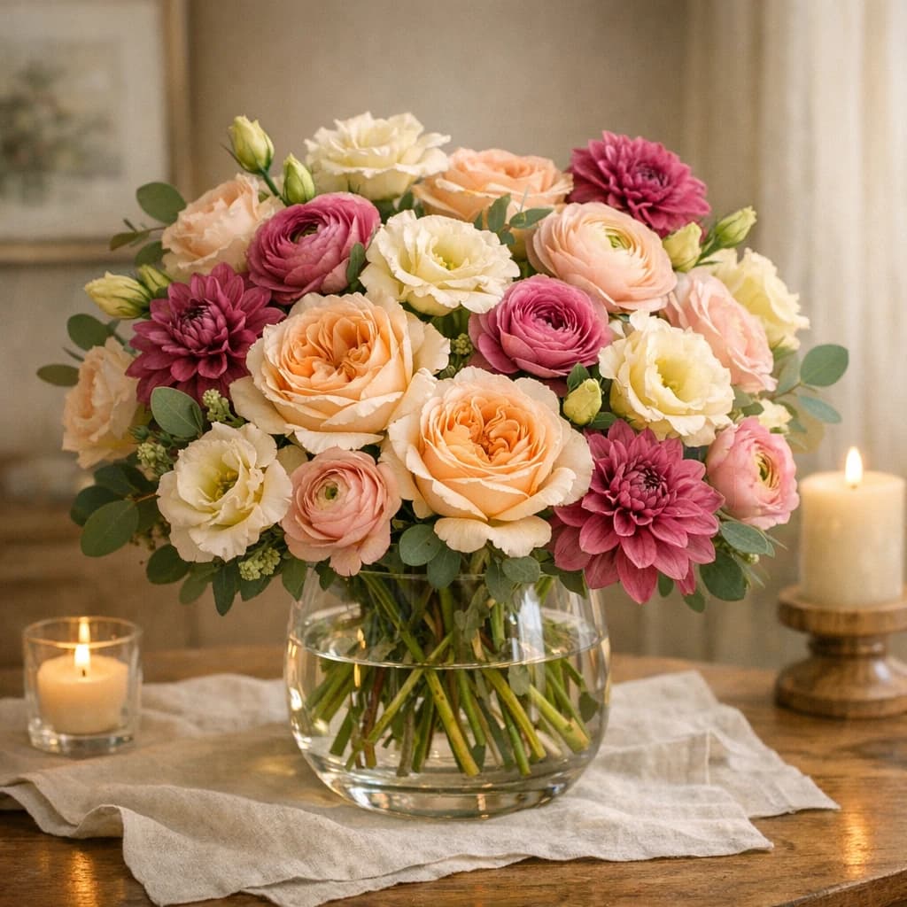 Grandparents Day flowers preview with garden roses, dahlias, and lisianthus in apricot, soft berry, and cream tones from Lina Flowers