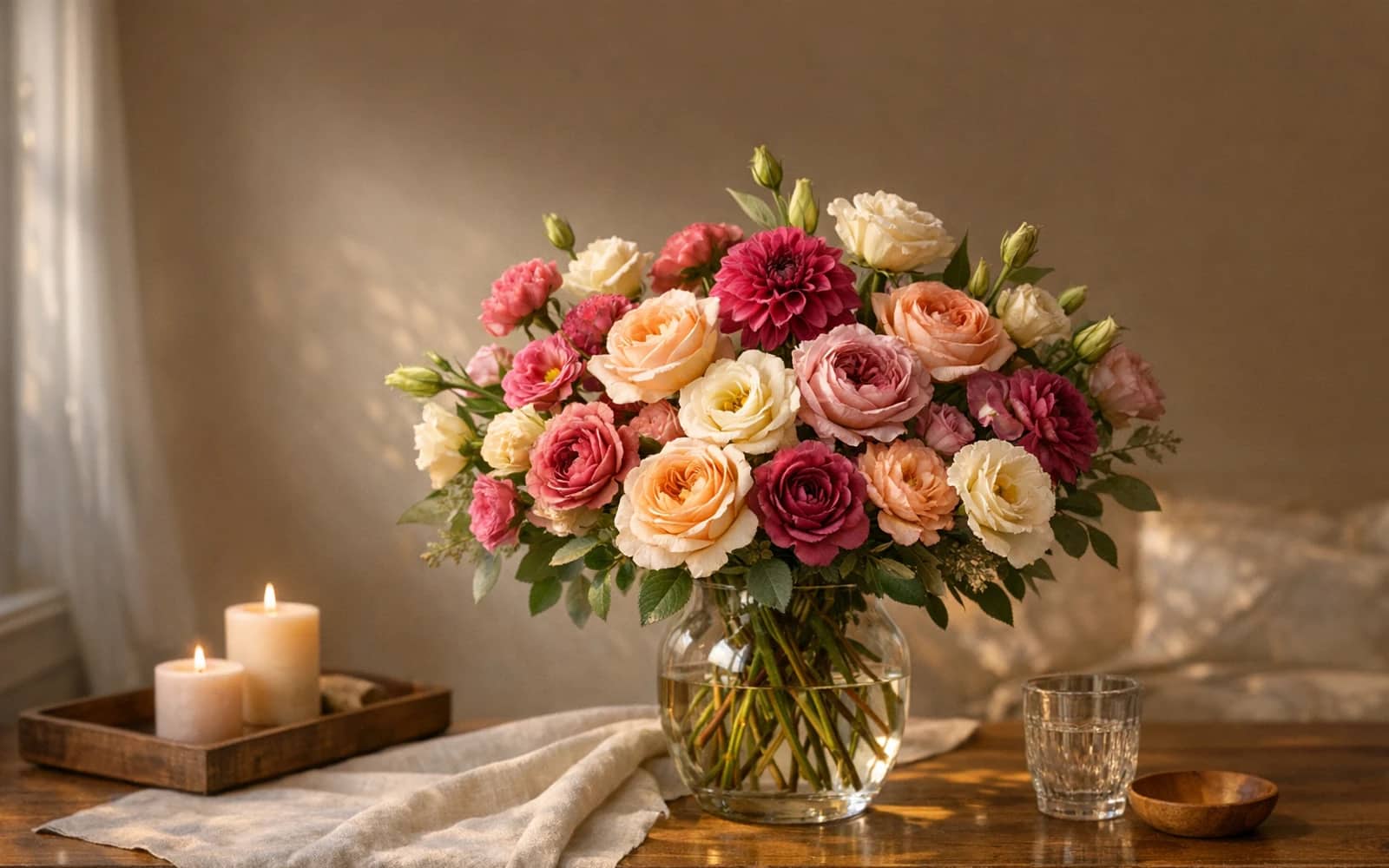 Grandparents Day flowers with garden roses, dahlias, and lisianthus, apricot, soft berry, and cream color direction, and premium loving, graceful, warm, and home-centered styling from Lina Flowers