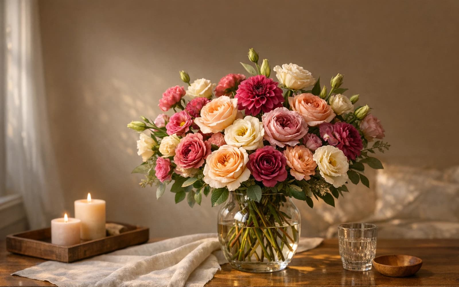 Grandparents Day flowers with garden roses, dahlias, and lisianthus, apricot, soft berry, and cream color direction, and premium loving, graceful, warm, and home-centered styling from LiNa Garden