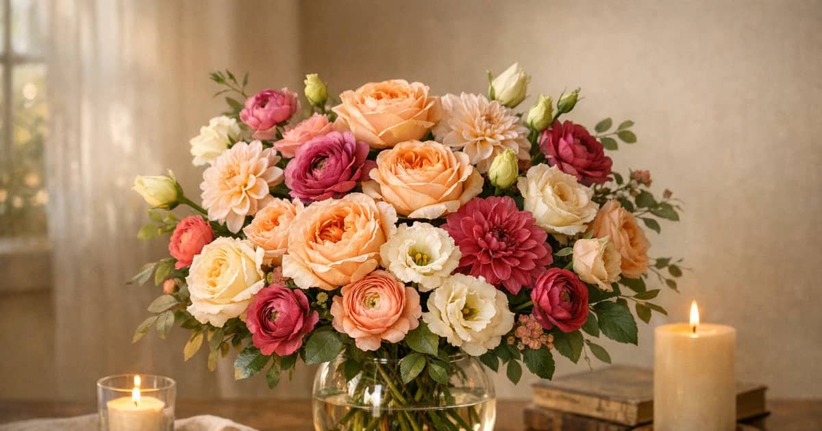 Grandparents Day flowers social share image with garden roses, dahlias, and lisianthus, apricot, soft berry, and cream tones, and premium Lina Flowers styling