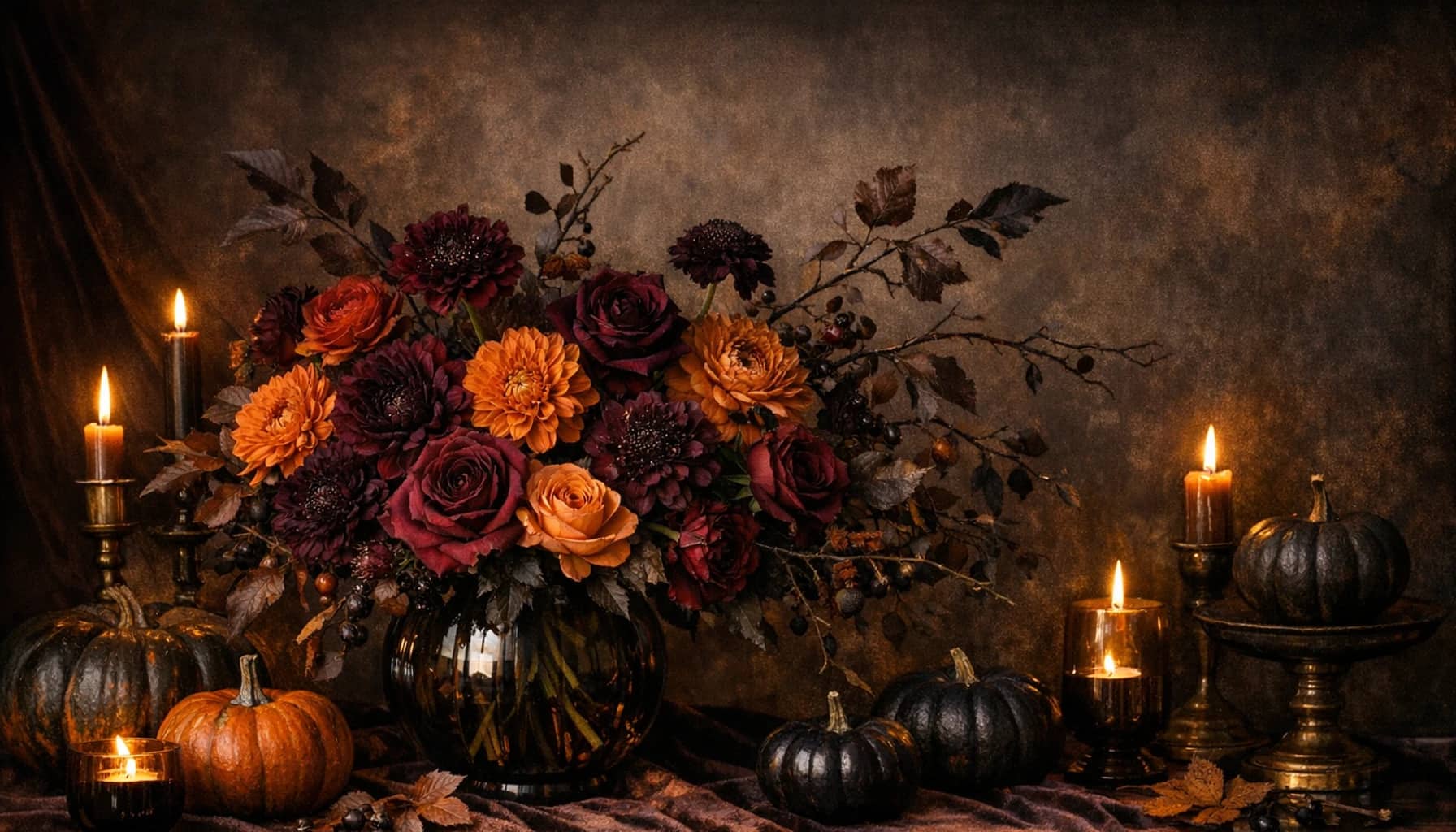 Halloween flowers collection banner with dahlias, garden roses, and scabiosa and dramatic, moody, cinematic, and autumn-rich styling from Lina Flowers