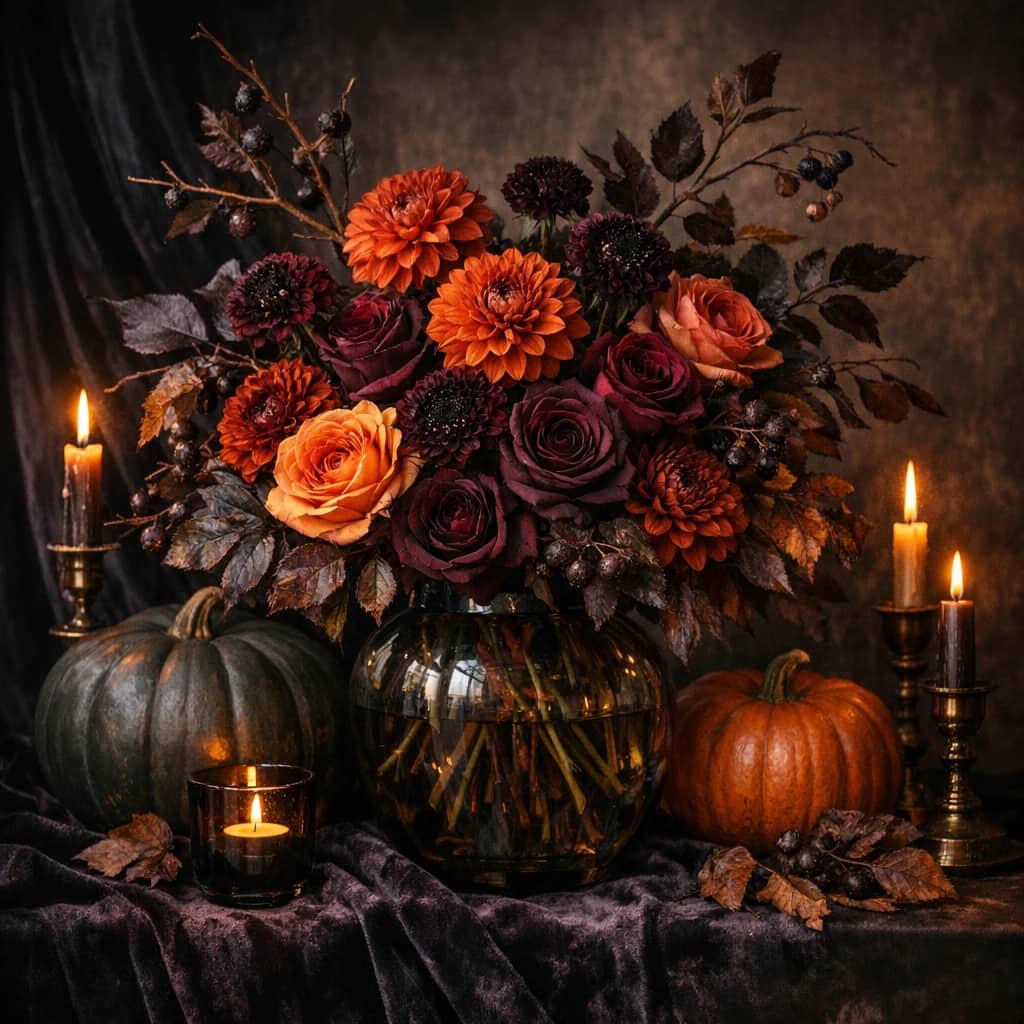Halloween flowers preview with dahlias, garden roses, and scabiosa in burnt orange, dark plum, and oxblood tones from Lina Flowers