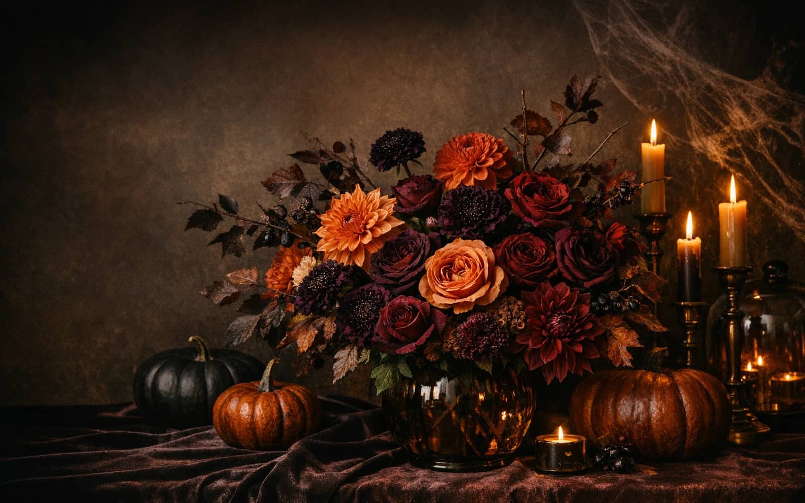 Halloween flowers with dahlias, garden roses, and scabiosa, burnt orange, dark plum, and oxblood color direction, and premium dramatic, moody, cinematic, and autumn-rich styling from Lina Flowers