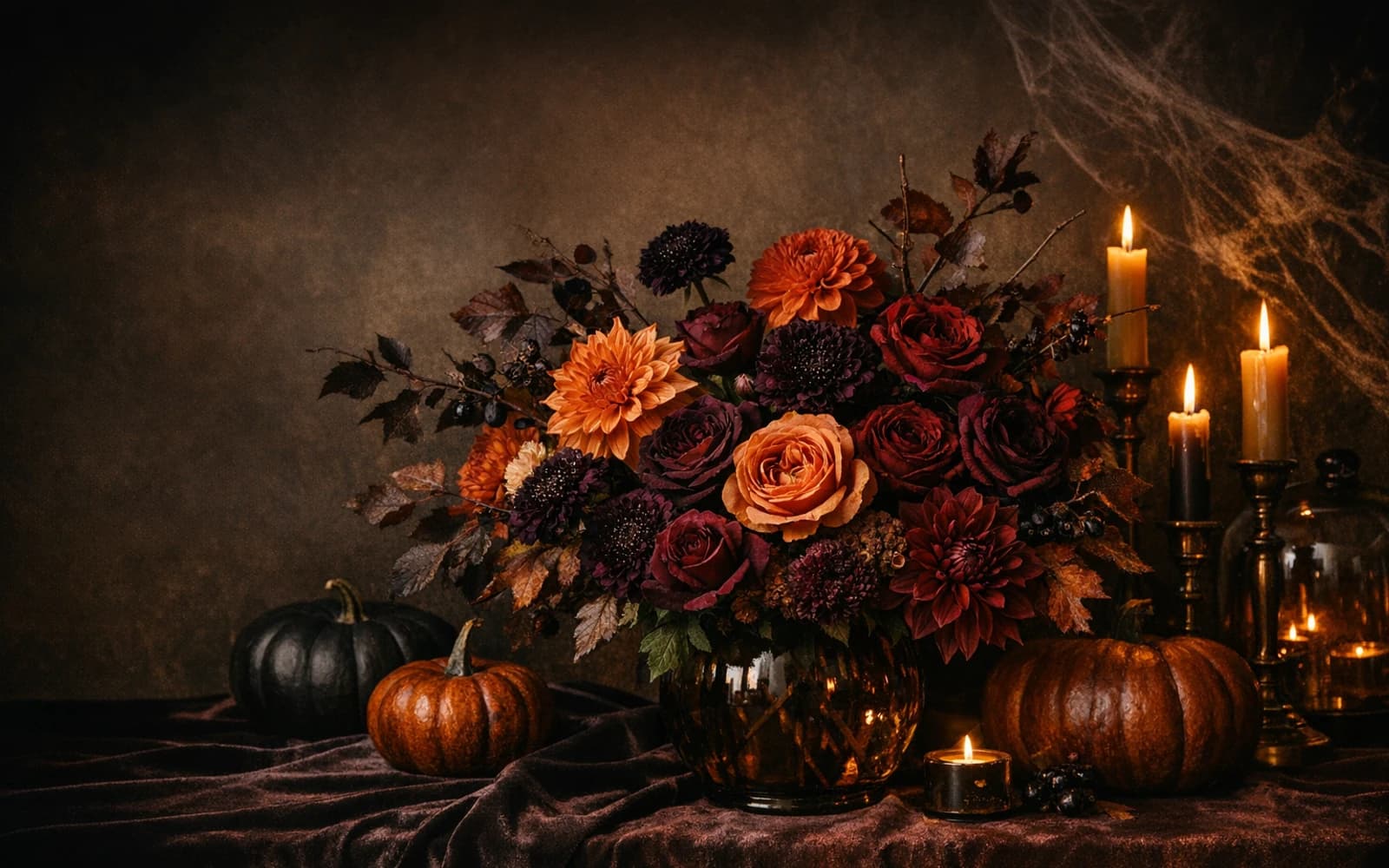 Halloween flowers with dahlias, garden roses, and scabiosa, burnt orange, dark plum, and oxblood color direction, and premium dramatic, moody, cinematic, and autumn-rich styling from Lina Flowers