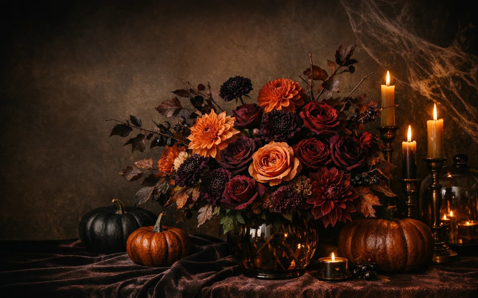 Halloween flowers with dahlias, garden roses, and scabiosa, burnt orange, dark plum, and oxblood color direction, and premium dramatic, moody, cinematic, and autumn-rich styling from Lina Flowers