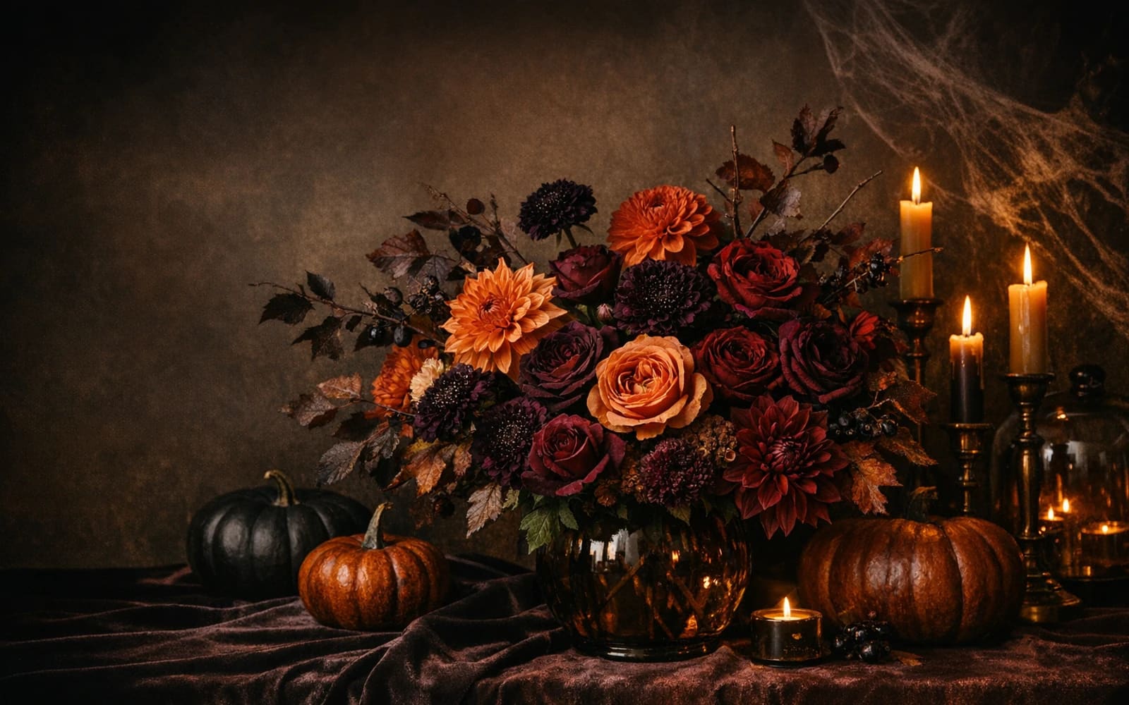 Halloween flowers with dahlias, garden roses, and scabiosa, burnt orange, dark plum, and oxblood color direction, and premium dramatic, moody, cinematic, and autumn-rich styling from Lina Flowers