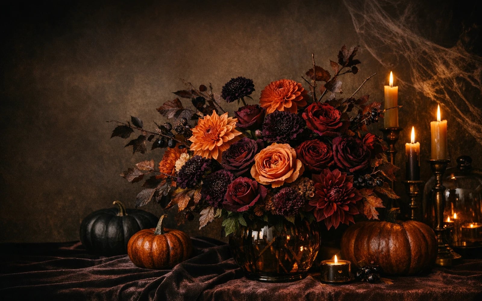 Halloween flowers with dahlias, garden roses, and scabiosa, burnt orange, dark plum, and oxblood color direction, and premium dramatic, moody, cinematic, and autumn-rich styling from Lina Flowers