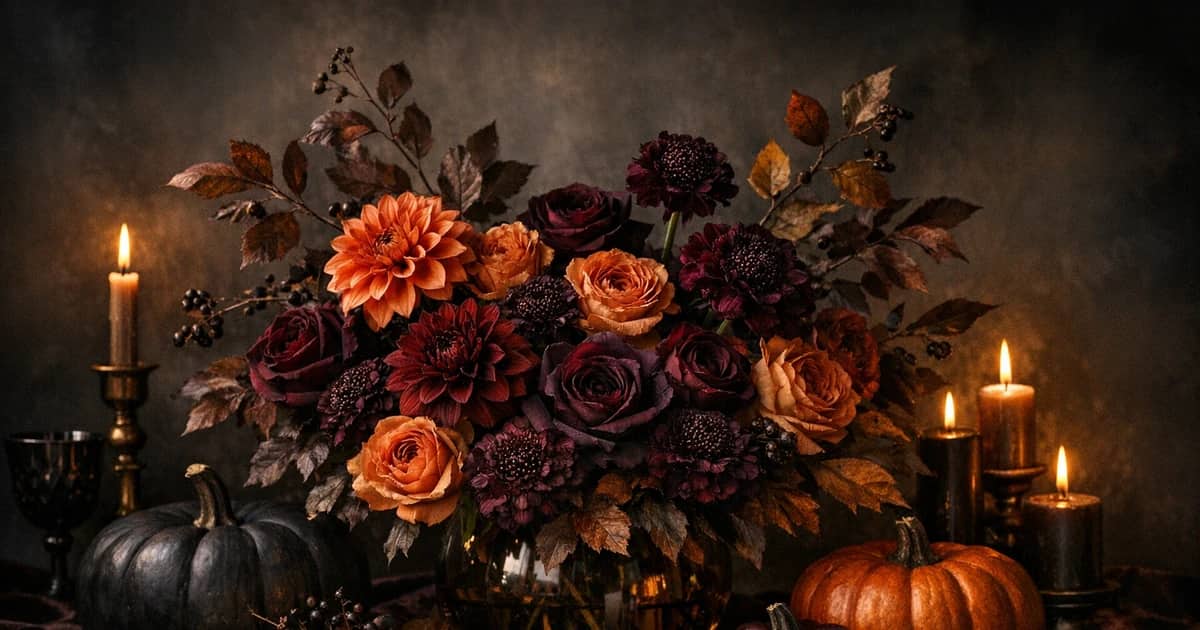 Halloween flowers social share image with dahlias, garden roses, and scabiosa, burnt orange, dark plum, and oxblood tones, and premium Lina Flowers styling