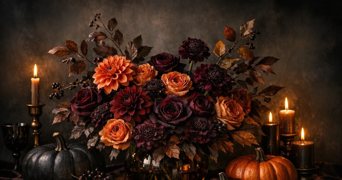 Halloween flowers social share image with dahlias, garden roses, and scabiosa, burnt orange, dark plum, and oxblood tones, and premium Lina Flowers styling
