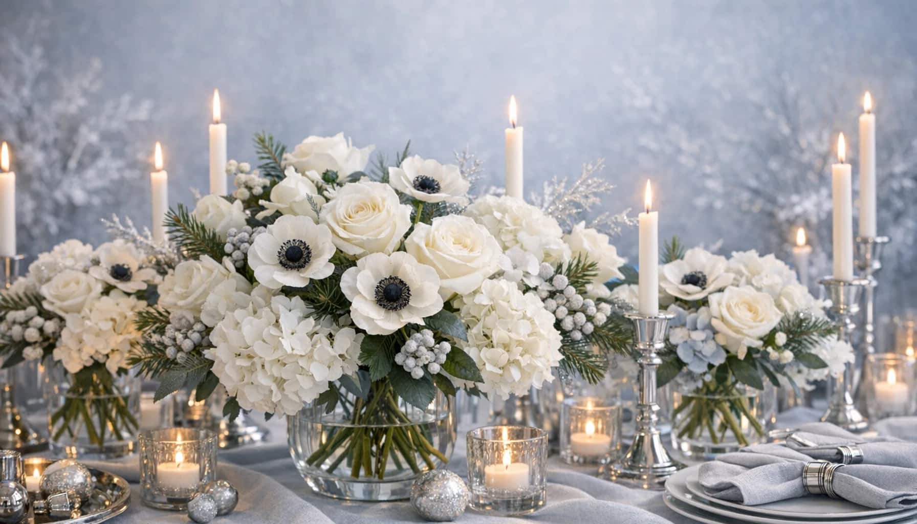 Hanukkah flowers collection banner with white roses, hydrangea, and anemones and luminous, serene, wintery, and refined styling from Lina Flowers