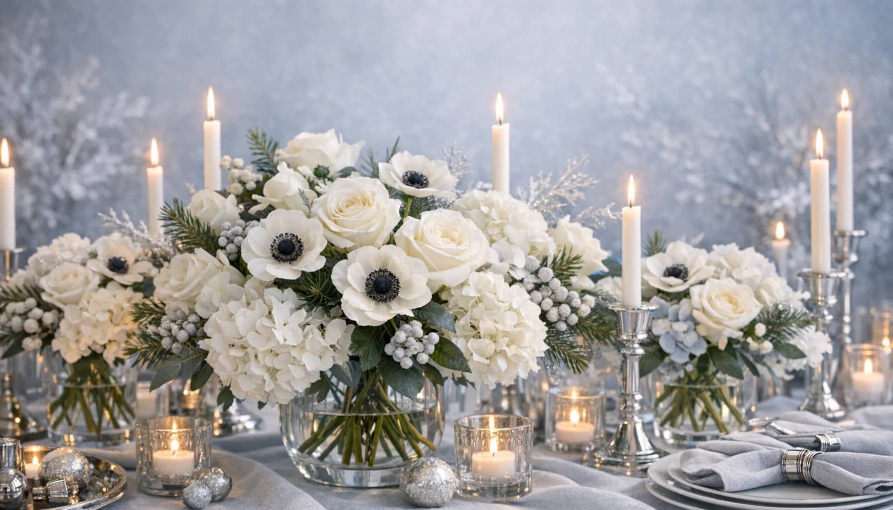 Hanukkah flowers collection banner with white roses, hydrangea, and anemones and luminous, serene, wintery, and refined styling from Lina Flowers