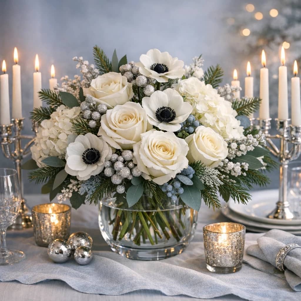 Hanukkah flowers preview with white roses, hydrangea, and anemones in soft blue, winter white, and silver tones from Lina Flowers
