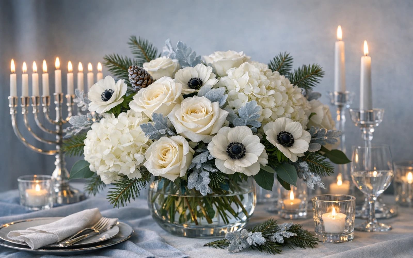 Hanukkah flowers with white roses, hydrangea, and anemones, soft blue, winter white, and silver color direction, and premium luminous, serene, wintery, and refined styling from Lina Flowers