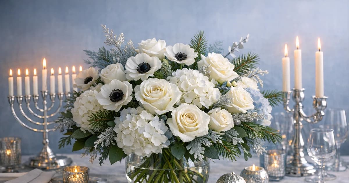 Hanukkah flowers social share image with white roses, hydrangea, and anemones, soft blue, winter white, and silver tones, and premium Lina Flowers styling