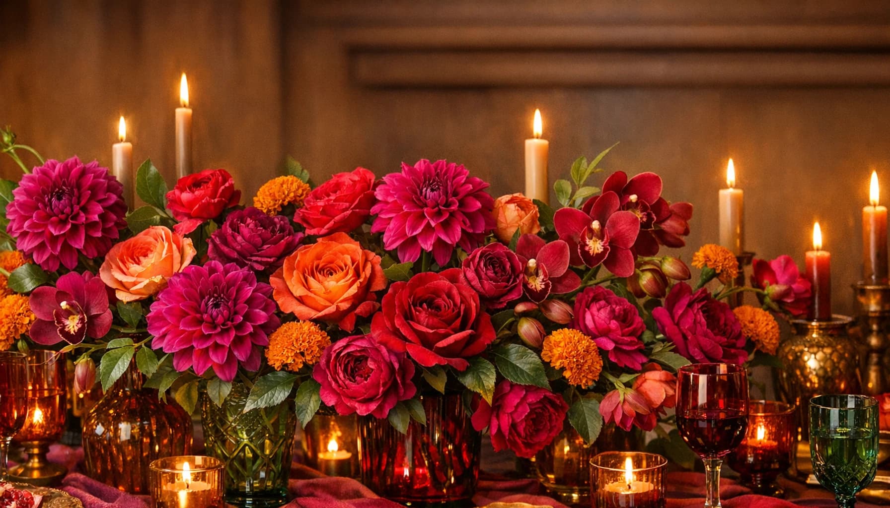 Hispanic Heritage Month flowers collection banner with dahlias, garden roses, and orchids and vibrant, warm, artful, and celebratory styling from Lina Flowers