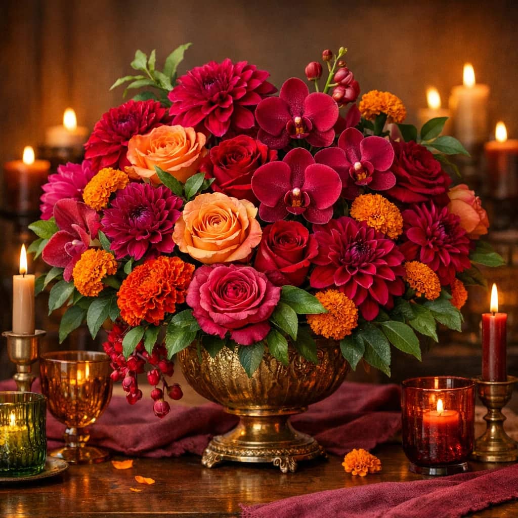 Hispanic Heritage Month flowers preview with dahlias, garden roses, and orchids in magenta, amber orange, and ruby tones from Lina Flowers