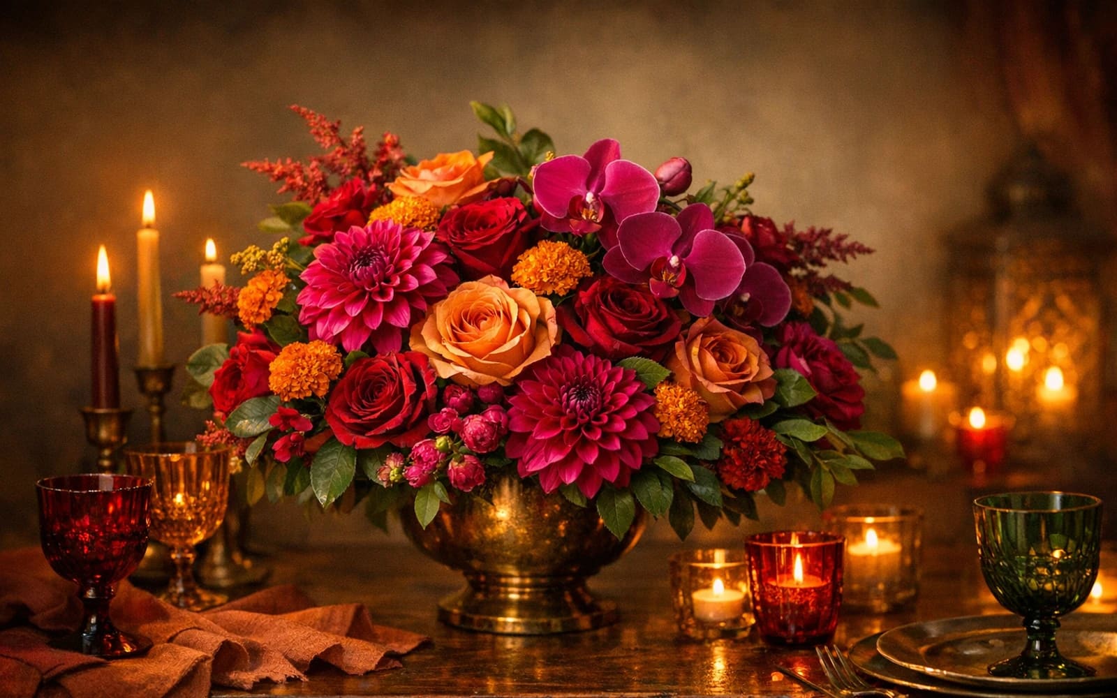 Hispanic Heritage Month flowers with dahlias, garden roses, and orchids, magenta, amber orange, and ruby color direction, and premium vibrant, warm, artful, and celebratory styling from Lina Flowers