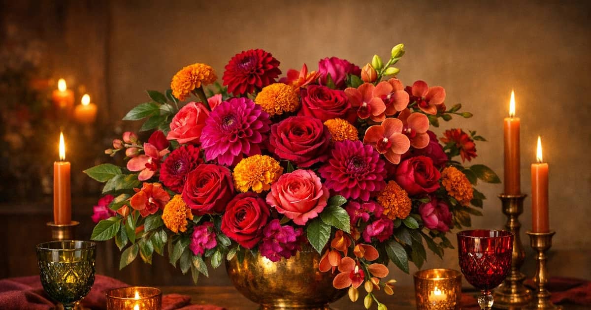 Hispanic Heritage Month flowers social share image with dahlias, garden roses, and orchids, magenta, amber orange, and ruby tones, and premium Lina Flowers styling