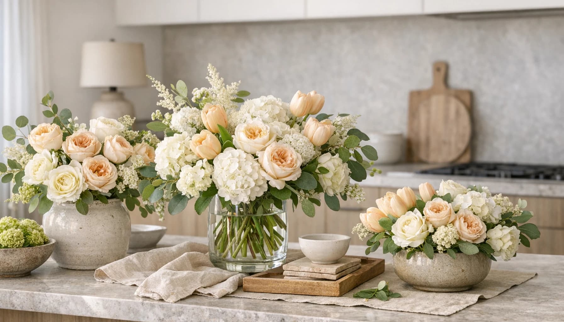 Housewarming Flowers collection banner with garden roses, tulips, and hydrangea and fresh, polished, welcoming, and design-aware styling from Lina Flowers