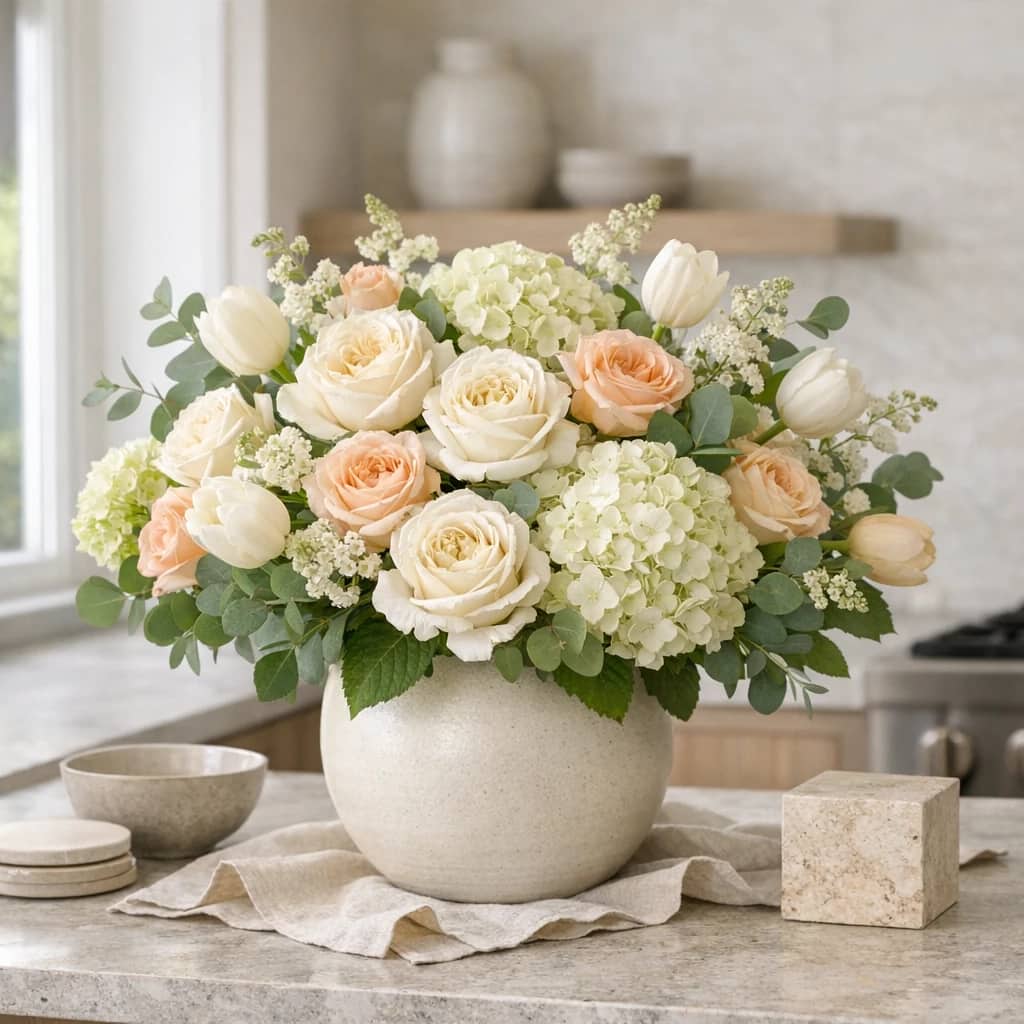 Housewarming Flowers preview with garden roses, tulips, and hydrangea in fresh cream, soft green, and pale apricot tones from Lina Flowers