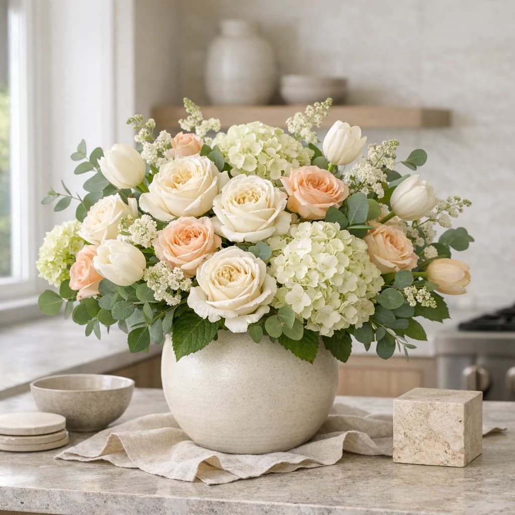 Housewarming Flowers preview with garden roses, tulips, and hydrangea in fresh cream, soft green, and pale apricot tones from Lina Flowers