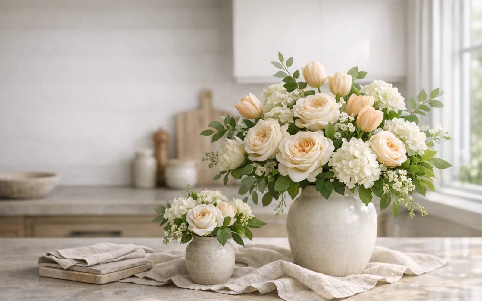 Housewarming Flowers with garden roses, tulips, and hydrangea, fresh cream, soft green, and pale apricot color direction, and premium fresh, polished, welcoming, and design-aware styling from Lina Flowers