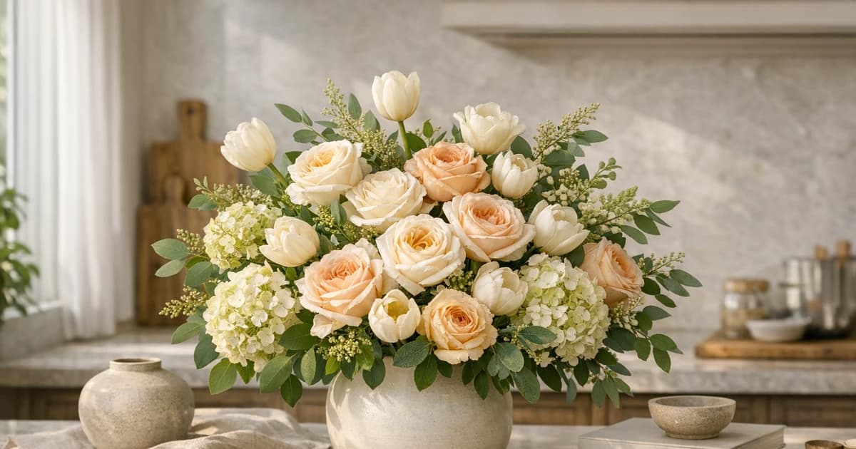 Housewarming Flowers social share image with garden roses, tulips, and hydrangea, fresh cream, soft green, and pale apricot tones, and premium Lina Flowers styling