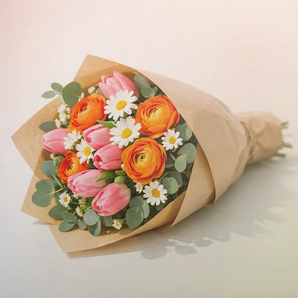 International Friendship Day flowers preview with coral garden roses, peach ranunculus, and soft yellow tulips in coral warmth, peach bloom, and soft yellow tones from Lina Flowers