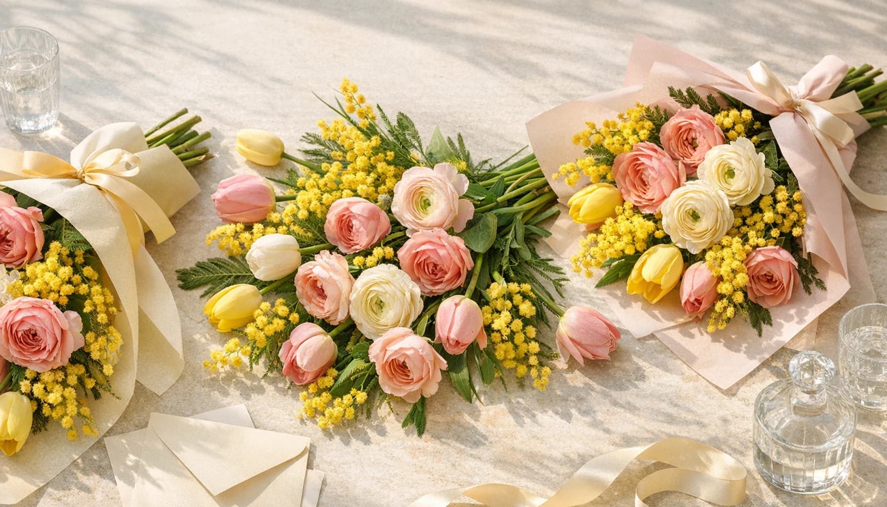 International Women's Day flowers collection banner with tulips, ranunculus, and garden roses and optimistic, expressive, bright, and modern styling from Lina Flowers