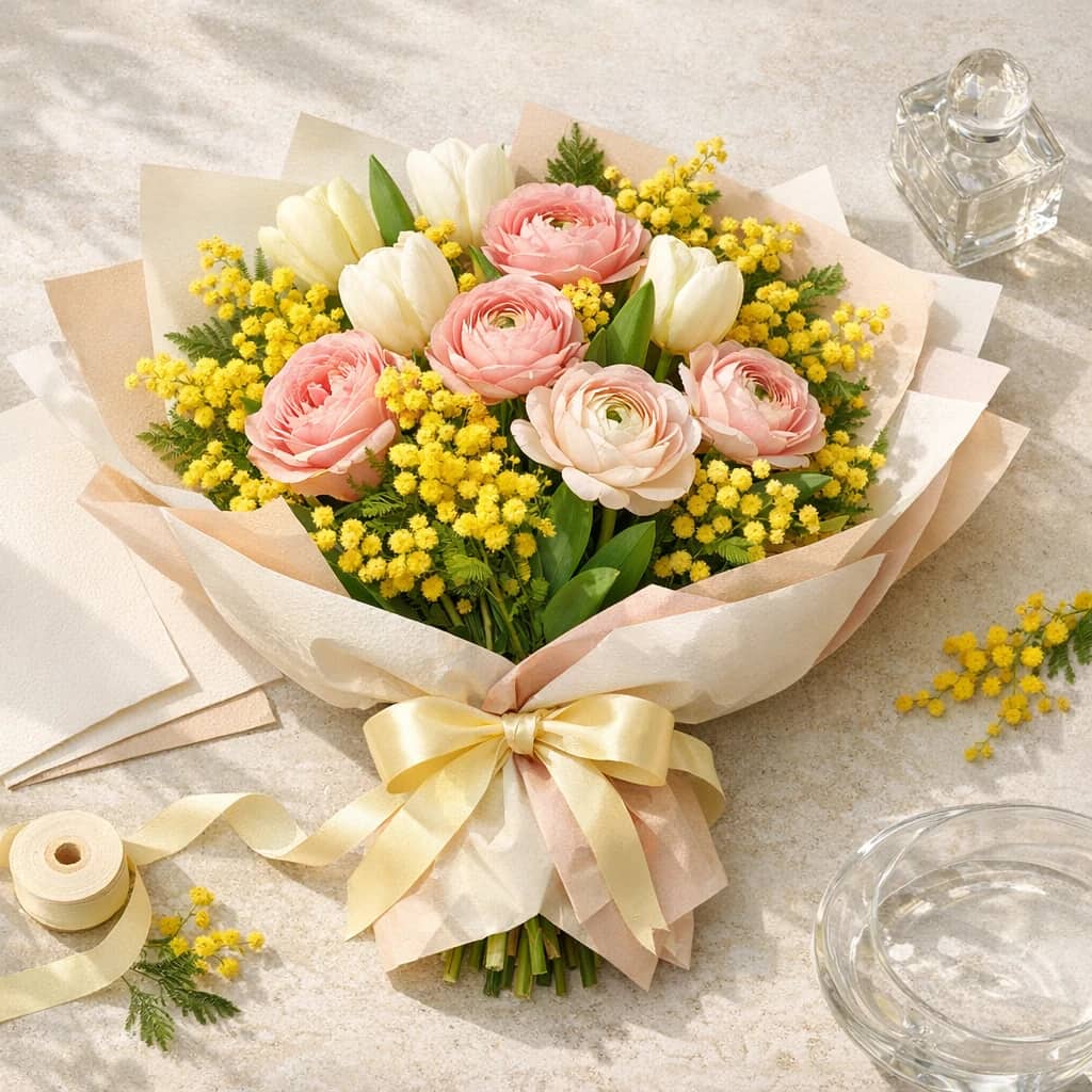 International Women's Day flowers preview with tulips, ranunculus, and garden roses in mimosa yellow, fresh green, and rose pink tones from Lina Flowers