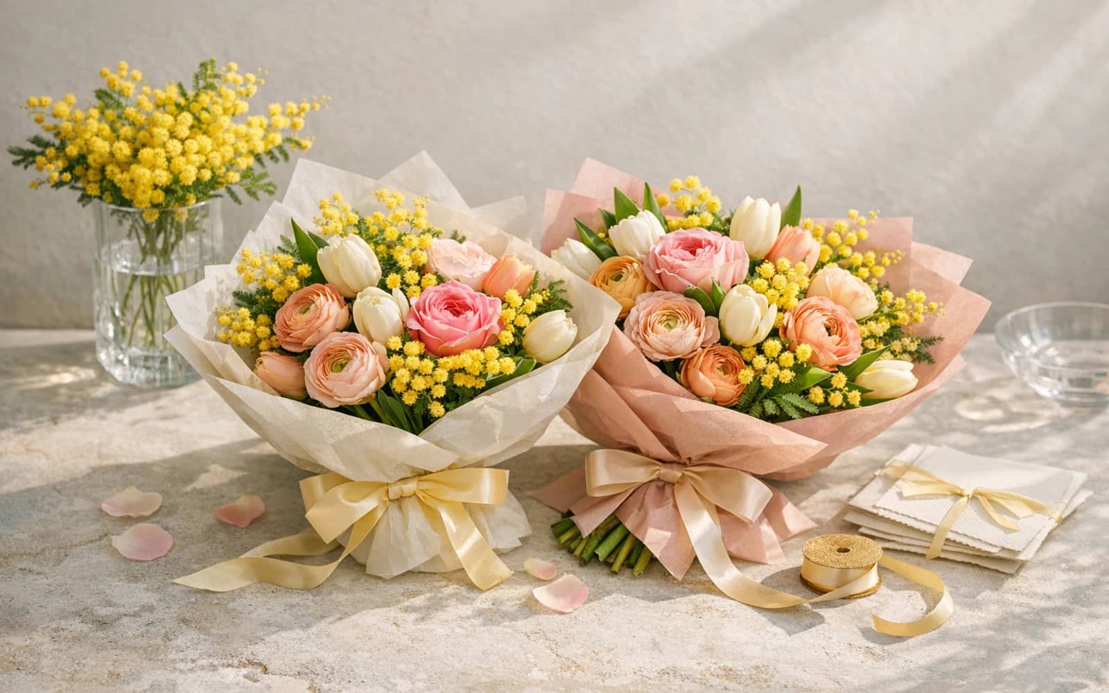 International Women's Day flowers with tulips, ranunculus, and garden roses, mimosa yellow, fresh green, and rose pink color direction, and premium optimistic, expressive, bright, and modern styling from Lina Flowers