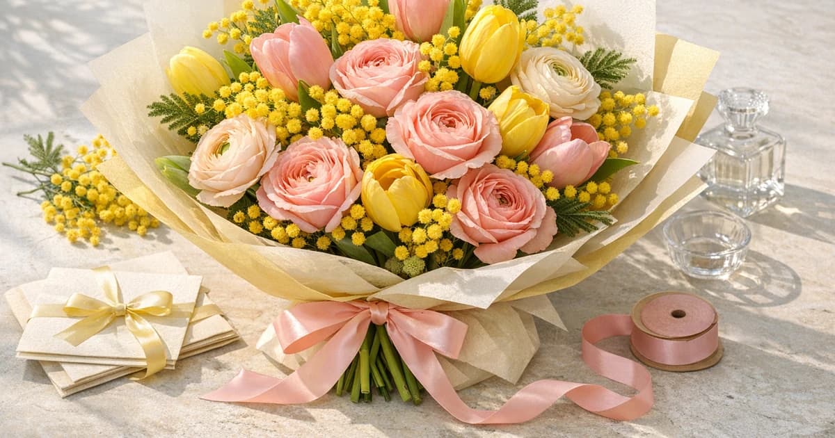 International Women's Day flowers social share image with tulips, ranunculus, and garden roses, mimosa yellow, fresh green, and rose pink tones, and premium Lina Flowers styling