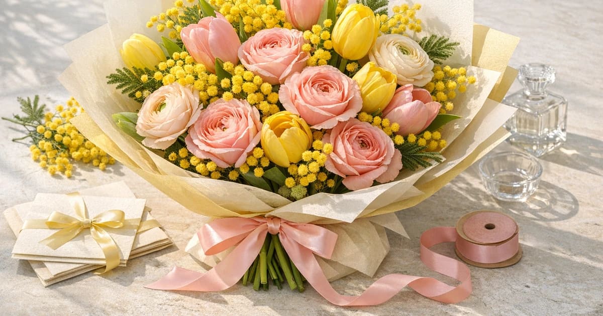 International Women's Day flowers social share image with tulips, ranunculus, and garden roses, mimosa yellow, fresh green, and rose pink tones, and premium Lina Flowers styling