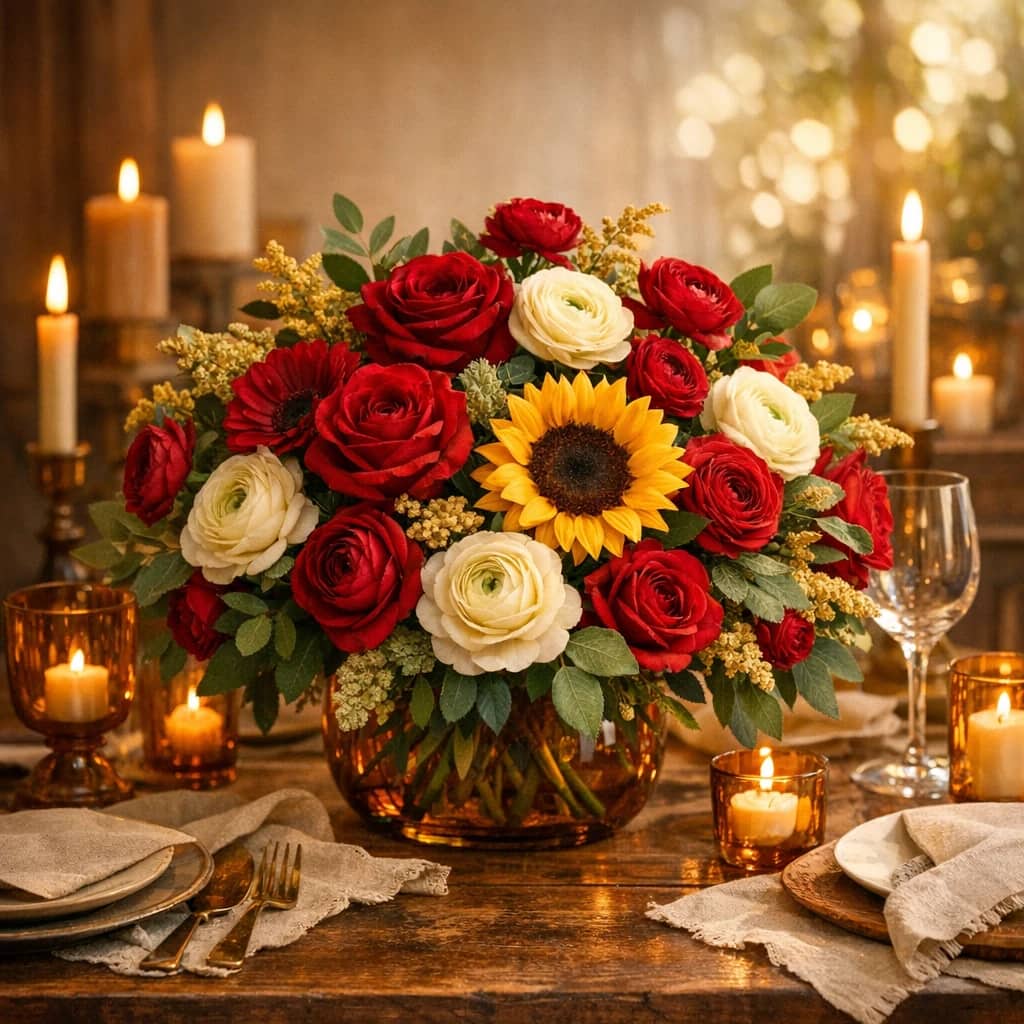 Juneteenth flowers preview with roses, ranunculus, and sunflowers in heritage red, warm gold, and rich green tones from Lina Flowers