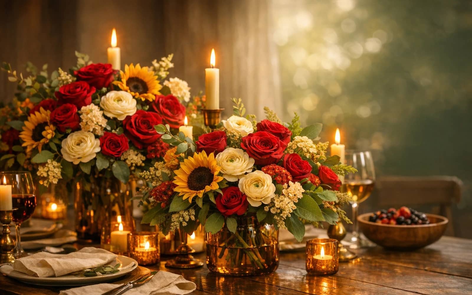 Juneteenth flowers with roses, ranunculus, and sunflowers, heritage red, warm gold, and rich green color direction, and premium vibrant, grounded, joyful, and community-centered styling from Lina Flowers