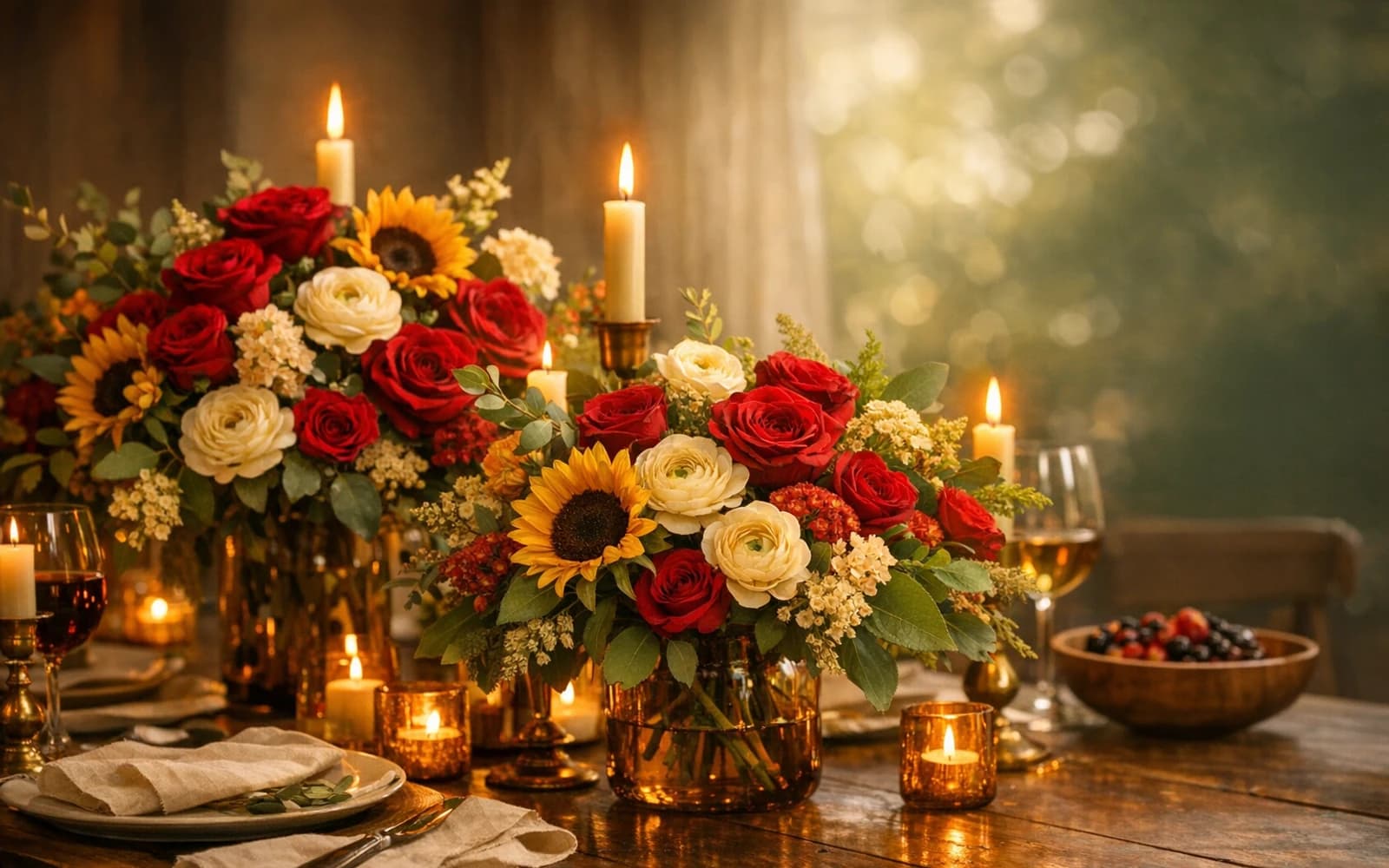 Juneteenth flowers with roses, ranunculus, and sunflowers, heritage red, warm gold, and rich green color direction, and premium vibrant, grounded, joyful, and community-centered styling from LiNa Garden