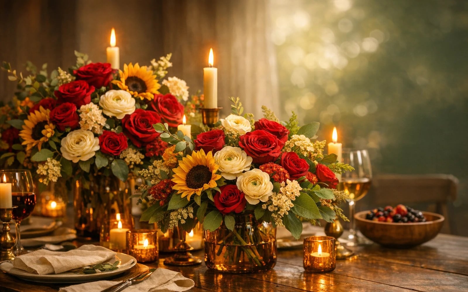 Juneteenth flowers with roses, ranunculus, and sunflowers, heritage red, warm gold, and rich green color direction, and premium vibrant, grounded, joyful, and community-centered styling from Lina Flowers