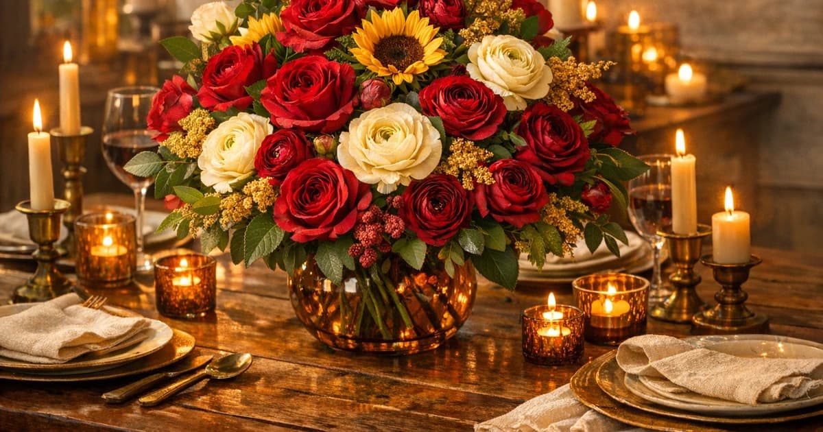 Juneteenth flowers social share image with roses, ranunculus, and sunflowers, heritage red, warm gold, and rich green tones, and premium Lina Flowers styling