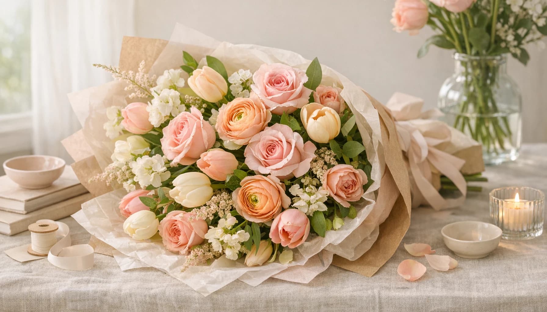 Just Because Flowers collection banner with roses, ranunculus, and tulips and spontaneous, warm, personal, and uplifting styling from Lina Flowers