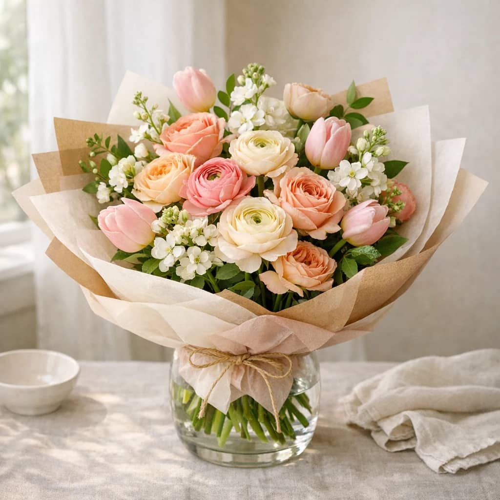 Just Because Flowers preview with roses, ranunculus, and tulips in blush, apricot, and cream tones from Lina Flowers