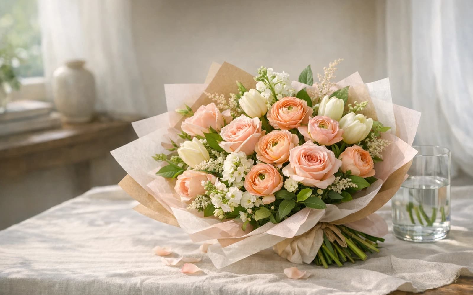 Just Because Flowers with roses, ranunculus, and tulips, blush, apricot, and cream color direction, and premium spontaneous, warm, personal, and uplifting styling from Lina Flowers