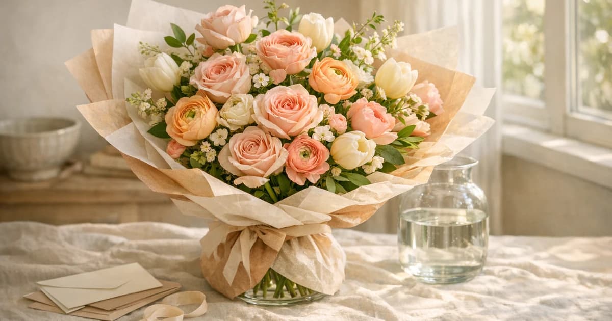 Just Because Flowers social share image with roses, ranunculus, and tulips, blush, apricot, and cream tones, and premium Lina Flowers styling