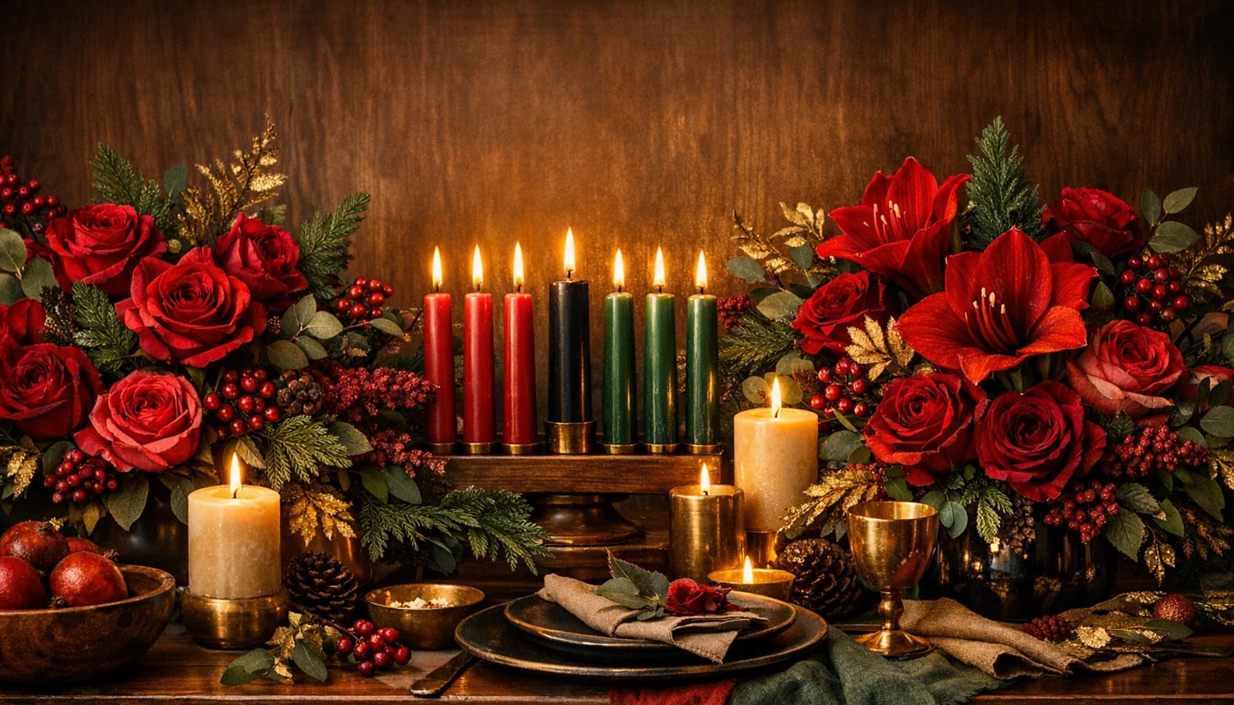 Kwanzaa flowers collection banner with garden roses, amaryllis, and winter greens and warm, communal, rich, and grounded styling from Lina Flowers