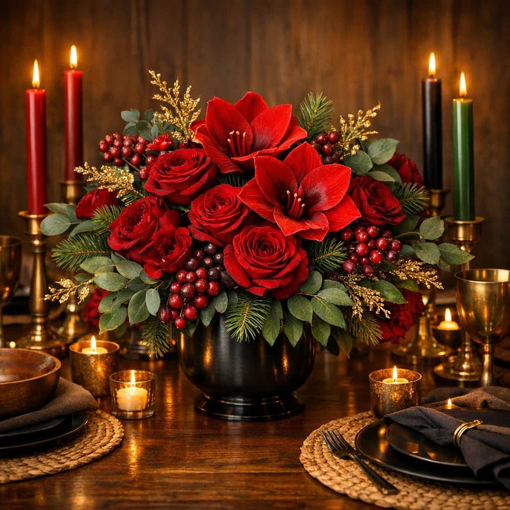 Kwanzaa flowers preview with garden roses, amaryllis, and winter greens in rich red, deep green, and warm gold tones from Lina Flowers